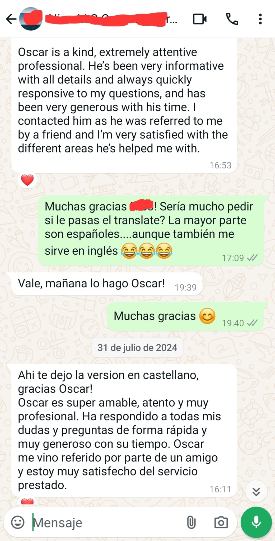 Testimonio por WhatsApp de cliente de CreateTuLLC