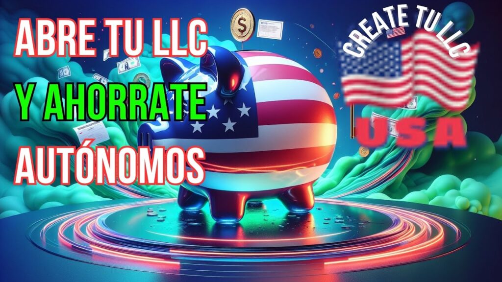 Imagen sobre la LLC en EE.UU., con cerdo hucha, dólares volando y bandera de EE.UU