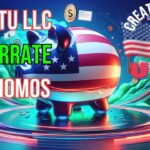 Imagen sobre la LLC en EE.UU., con cerdo hucha, dólares volando y bandera de EE.UU