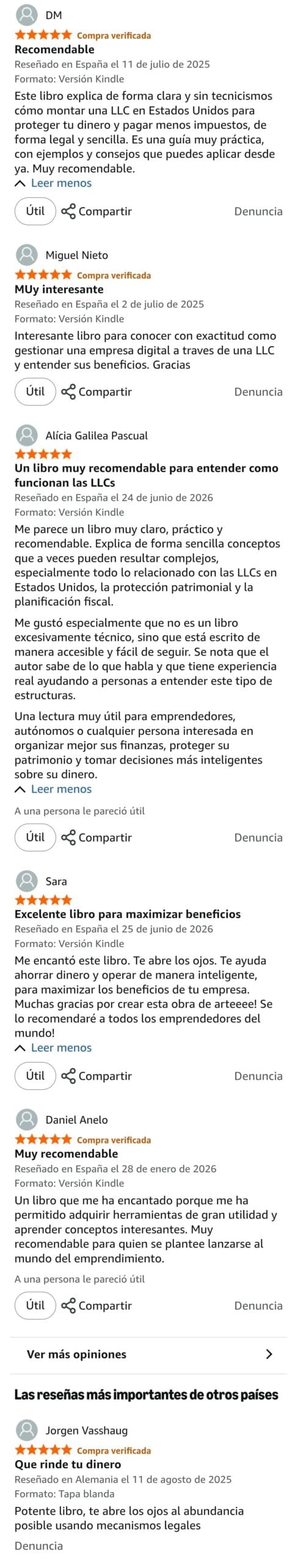 Testimonios del libro Protege tu dinero con una LLC en Amazon